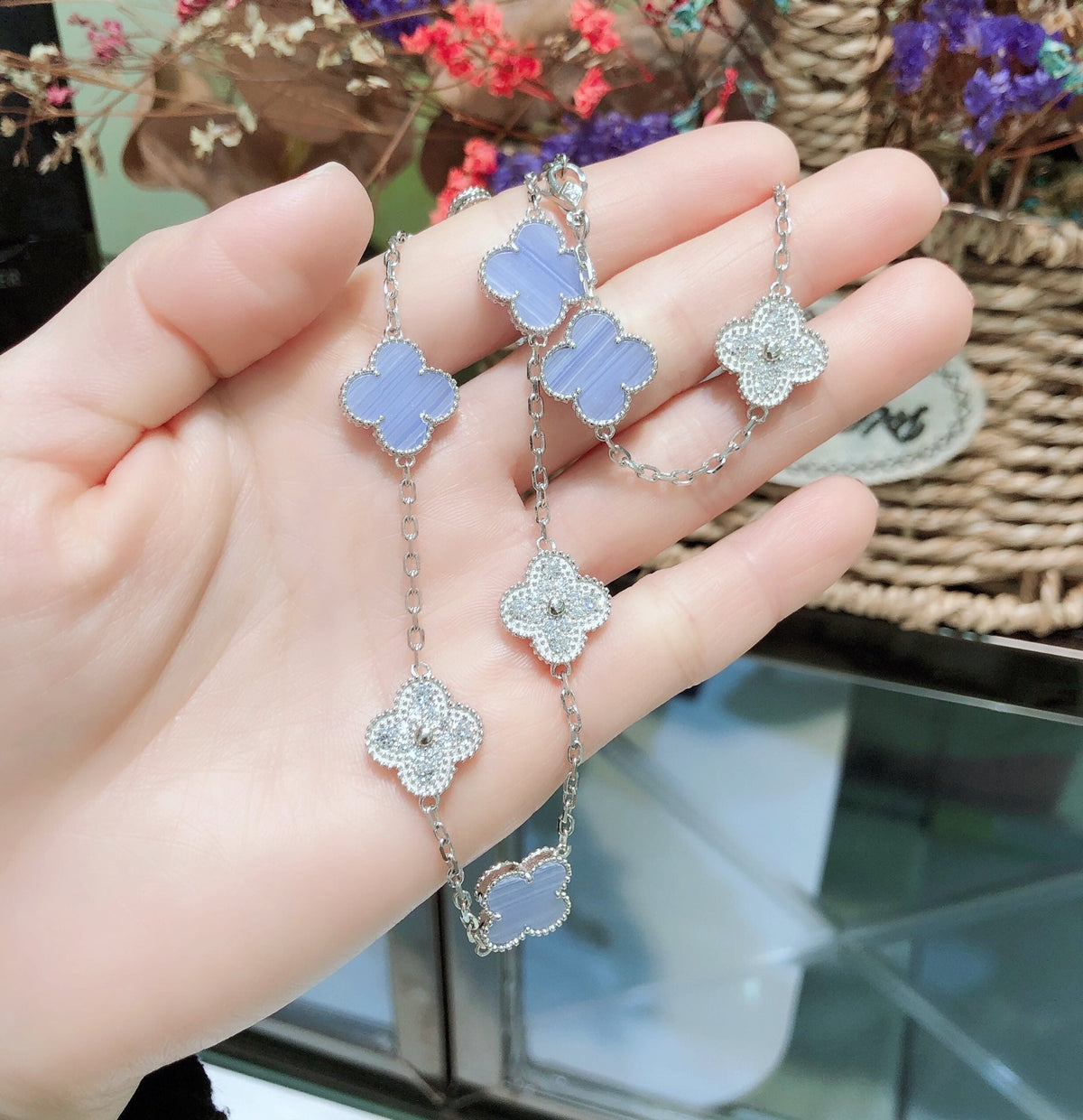 [⭐Mirelle]CLOVER 10 MOTIFS CHALCEDONY DIAMONDS SILVER NECKLACE