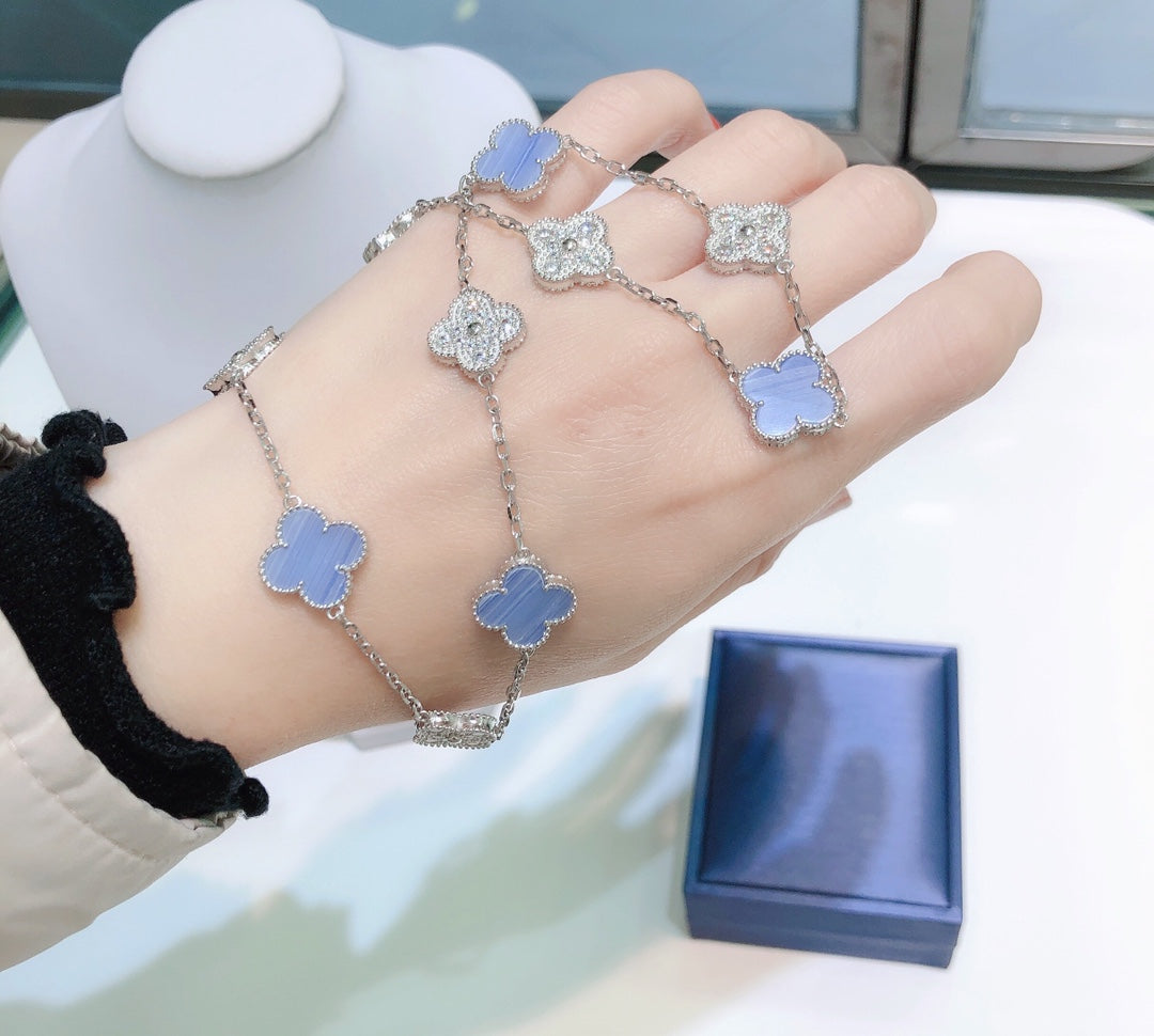 [⭐Mirelle]CLOVER 10 MOTIFS CHALCEDONY DIAMONDS SILVER NECKLACE
