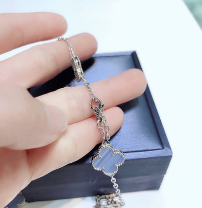 [⭐Mirelle]CLOVER 10 MOTIFS CHALCEDONY DIAMONDS SILVER NECKLACE