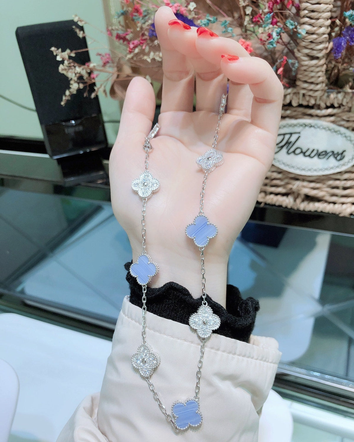 [⭐Mirelle]CLOVER 10 MOTIFS CHALCEDONY DIAMONDS SILVER NECKLACE
